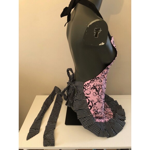 Flirty Aprons Pink w/Black Scroll Pattern & Ruffle Back or Side Tie Adult One Sz - Picture 7 of 9